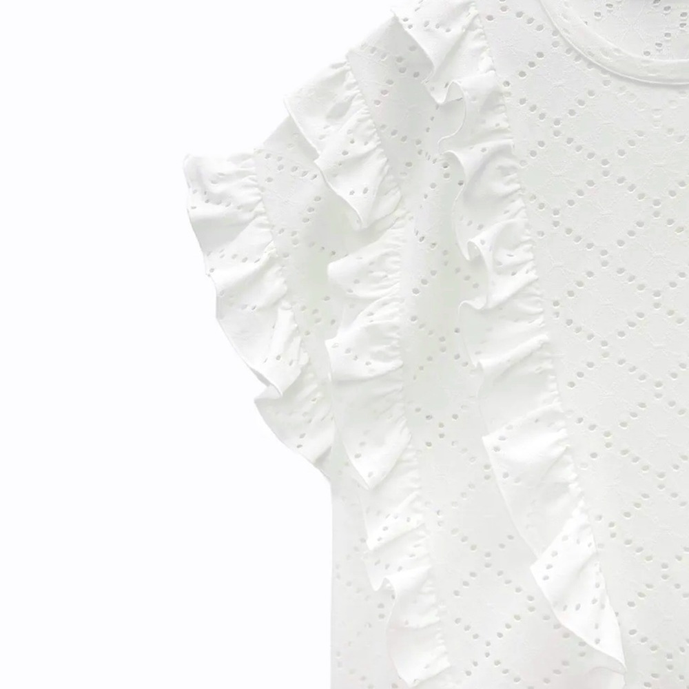 Zara White EMBROIDERED PERFORATED Short Sleeve Top Shirt Womens SIZE Medium - Picture 6 of 6